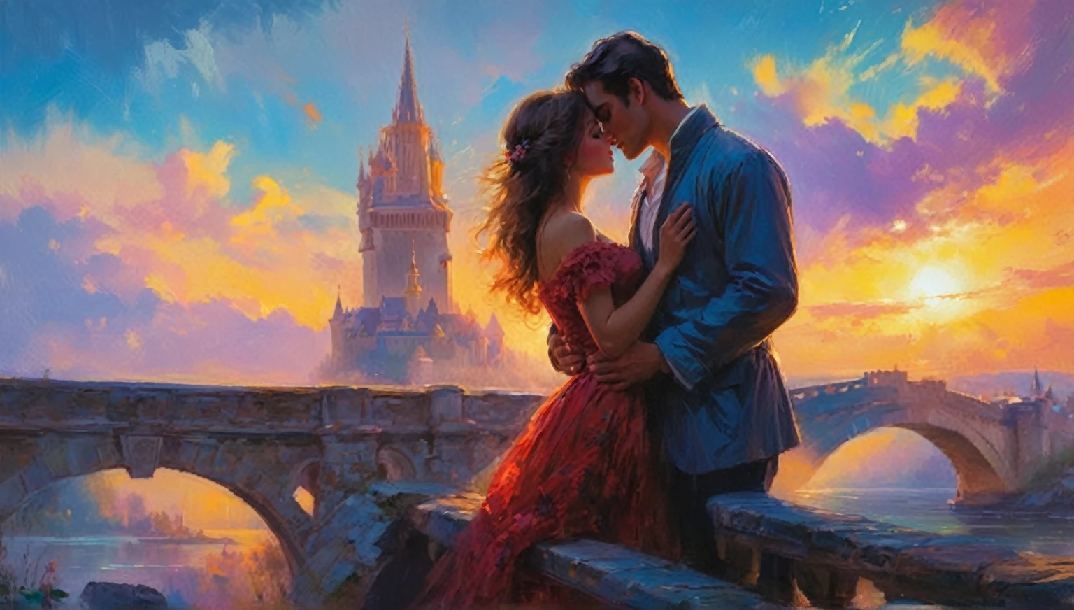 painting of a couple kissing on a bridge with a castle in the background, romantic painting, vladimir volegov, volegov, romance novel cover, by Alexander Kucharsky, painting vladimir volegov, romantic era painting, by Vladimir Novak, by Roman Bezpalkiv, romanticism painting, dmitry spiros, art of edouard bisson