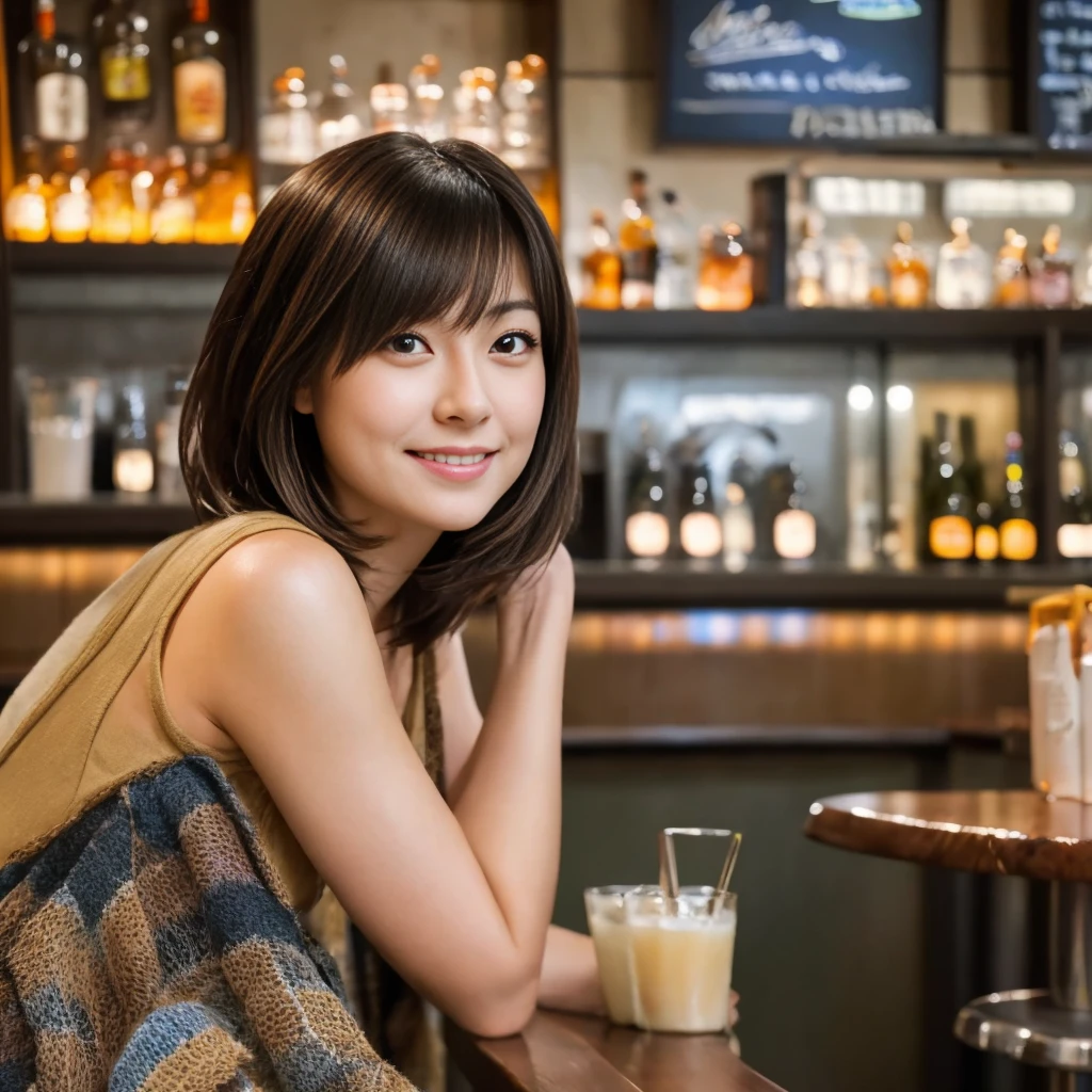 japonés,Chica italiana con pelo corto y castaño., barbilla angular, sentado en una mesa de bar