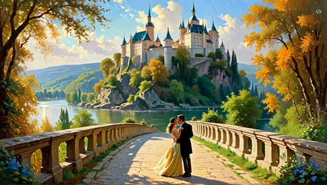 painting of a couple kissing on a bridge with a castle in the background, romantic painting, vladimir volegov, volegov, romance ...