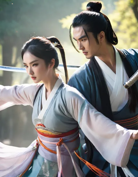 Men and women in hanfu costumes, A woman holds a sword and fights with a man., black hair, short ponytail, Onyx colored eyes, su...