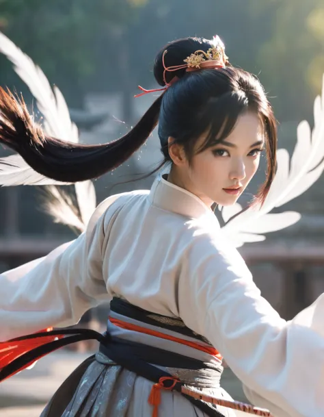 Men and women in hanfu costumes, A woman holds a sword and fights with a man., black hair, short ponytail, Onyx colored eyes, su...