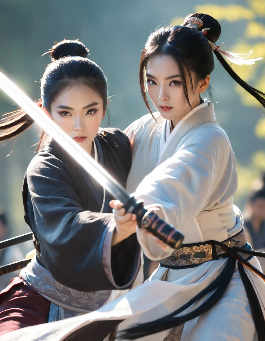 Men and women in hanfu costumes, A woman holds a sword and fights with a man., black hair, short ponytail, Onyx colored eyes, surface details, Glowing skin, sun, Spinning Feather Sword, animated blur background, backlight, 8K, Awesome details, Masterpiece, best quality