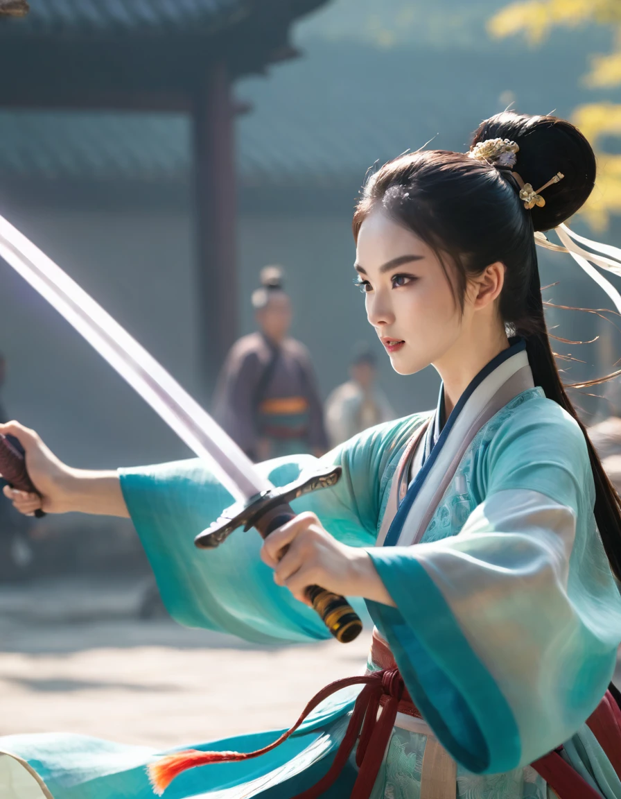 Men and women in hanfu costumes, A woman holds a sword and fights with a man., black hair, short ponytail, Onyx colored eyes, surface details, Glowing skin, sun, Spinning Feather Sword, animated blur background, backlight, 8K, Awesome details, Masterpiece, best quality