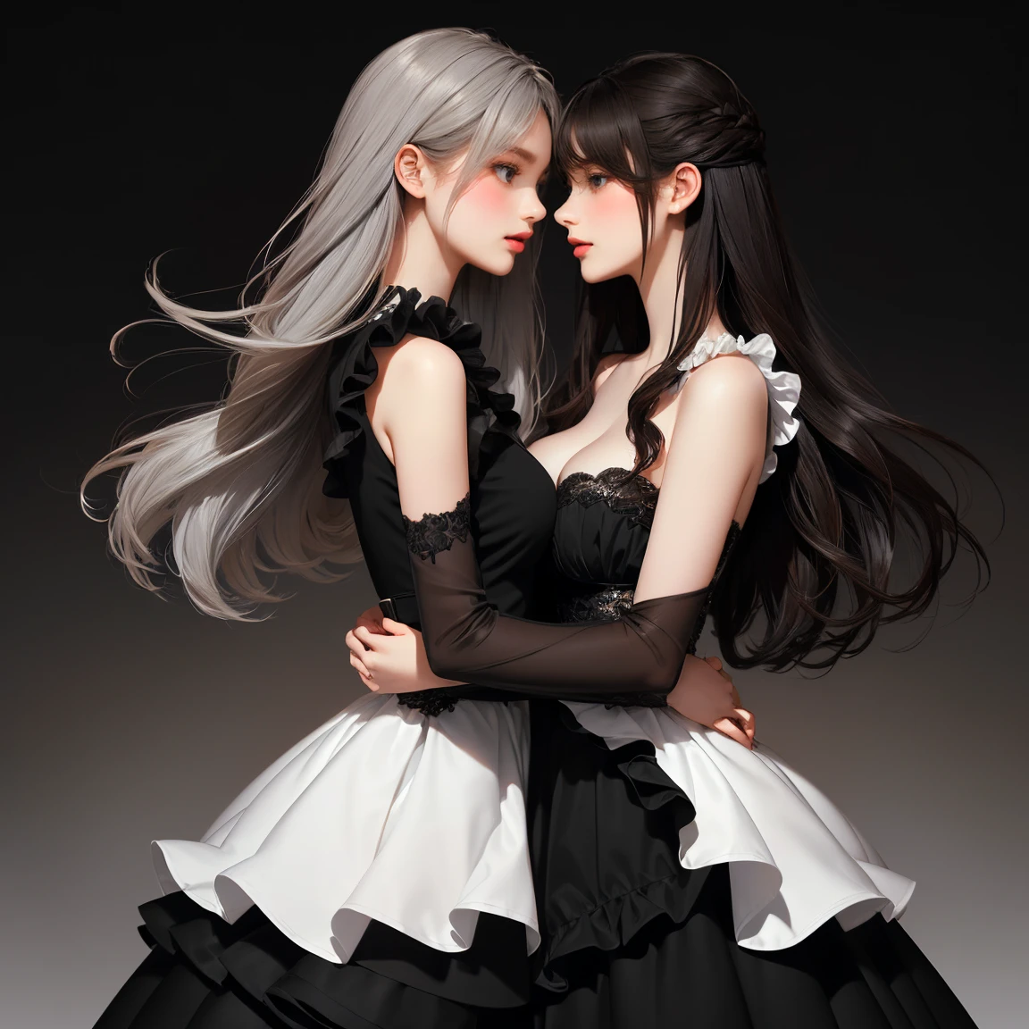 (((Masterpiece))), ((top quality)), (two beautiful girl is deeply in love with each other, kiss), bangs, (long hair:1.5), (((big breasts))), 23 years old, (Gorgeous white, grey and black ruffled dress:1.5), race, beautiful digital artwork, beautiful fantasy art, (The background is plain:1.5)