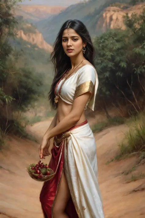 ultra realistic full body oil painting of lkjhgf, thick lkjhgf as Godess of Lust by Raja Ravi Varma style, plume, pomegranate fr...
