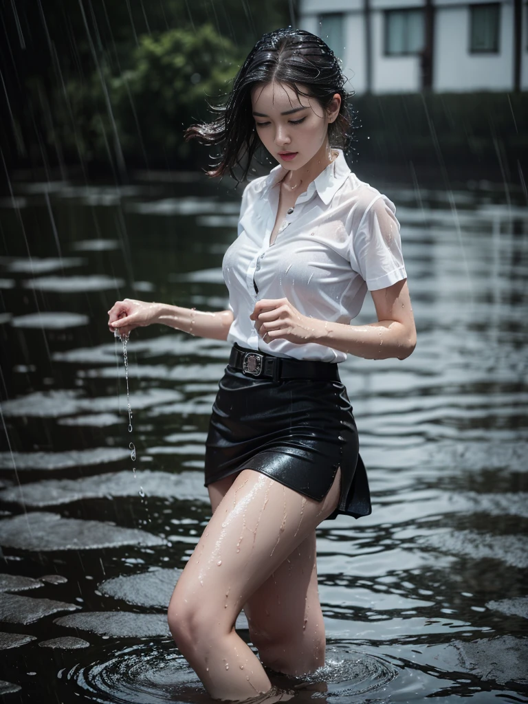 (RAW shooting, Photoreal:1.5, 8K, highest quality, masterpiece, ultra high resolution), perfect dynamic composition:1.2, sea shore, expression of sadness:0.5, heavy rain:1.3, Highly detailed skin and facial textures:1.2, one Slim lady wet in the rain:1.3, Fair skin:1.2, perfect style:1.2, beautiful and aesthetic:1.1, very beautiful face:1.2, water droplets on the skin and face:1.3, (rain drips all over my body:1.2, wet body:1.2, wet hair:1.3, Wet black tight skirt:1.2, wet white plain short-sleeve shirt:1.3), brown suede belt:1.2, black bra under white shirt:1.4, white sneakers, (cry, lovelorn, The expression on your face when you feel intense caress, Facial expression when feeling pleasure), (beautiful blue eyes, Eyes that feel beautiful eros:0.8), (Too erotic:0.9, Bewitching:0.9), upper body, close up, rain, metal shirt buttons:1.2, metal plate belt buckle:1.3, at night:1.2, thai university uniform, at night:1.3, standing, rain foreground and background:1.2, splashing:1.5, floating water:1.5