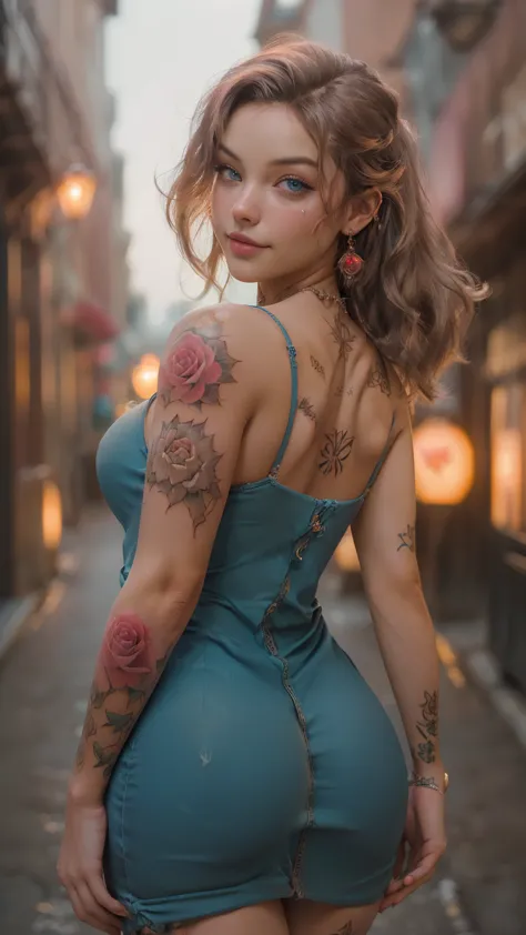 (:1.4), big breasts, bountiful breasts, neckleace profundo, (half body posttrait:1.4), (((red rose tattoos on arm and shoulder:1...