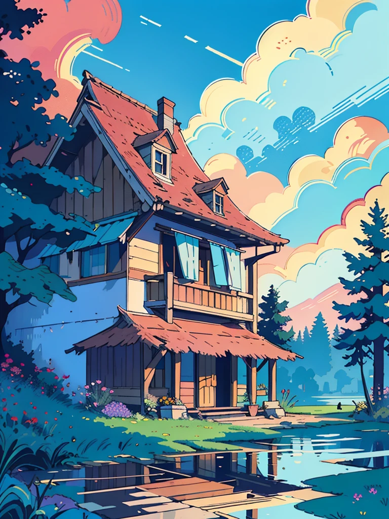 eine Hütte umgeben von Bäumen, line art, pretty Himmel, Wagen, Schatten, shade, Ghibli-Stil, Blumen, Stein, See, Betrachtung, keine Menschen, Landschaft, draußen, Himmel, Wolke, Gebäude, Zeichen, Haus, Fenster, Anlage, Wolkey Himmel, Busch, Sonnenuntergang, Meisterwerk, Hohe Auflösung 