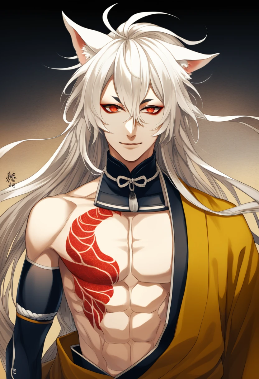 (masterpiece, best quality:1.2), 1male, solo, kogitsunemaru, touken ranbu, yellow clothes, japanes clothes red eyes, long white hair, fox ears, perfect anatomy