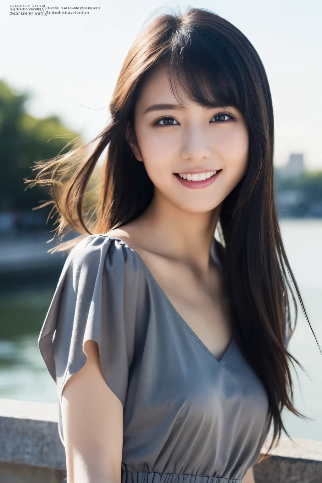 1 Girl, (Wearing a gray dress:1.2), (Supercluster), Very beautiful Japanese idol portraits, 
(RAW Photos, Highest quality), (Realistic, Realistic:1.4), (masterpiece), 
Very delicate and beautiful, Very detailed, 2k wallpaper, wonderful, finely, Very detailed CG Unity 8K wallpaper, Very detailed, High resolution, Soft Light, 
Beautiful detailed girl, Very detailed eyes and face, Beautiful and sophisticated nose, Beautiful and beautiful eyes, Cinema Lighting, 
(Fashion magazine photography:1.3), (Outdoor), (night lighting), (Waterfront), 
(Semi-long hair), 
Complete Anatomy, Slender body, Small breasts, smile