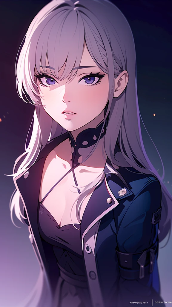 a beautiful anime girl with grey hair (best quality,4k,8k,highres,masterpiece:1.2),ultra-detailed,(realistic,photorealistic,photo-realistic:1.37),1girl,detailed face,beautiful detailed eyes,beautiful detailed lips,extremely detailed eyes and face,longeyelashes,sensual,detailed background,highly detailed, full body, cute, standing, casual clothes, cool jacket, whale reference cloth,straight hair