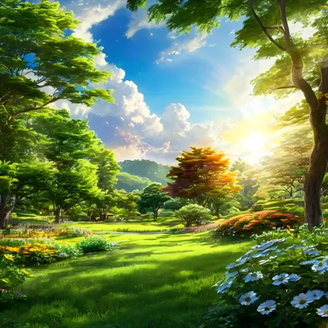 white soft clouds floating in the blue sky，warm colors reflecting the sun，above the garden is a lush green pasture, the scene is...