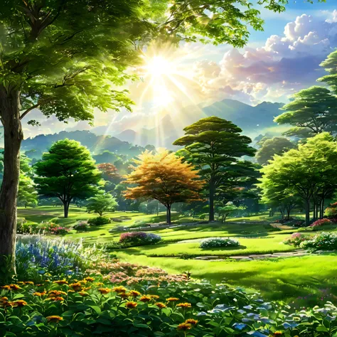 white soft clouds floating in the blue sky，warm colors reflecting the sun，above the garden is a lush green pasture, the scene is...