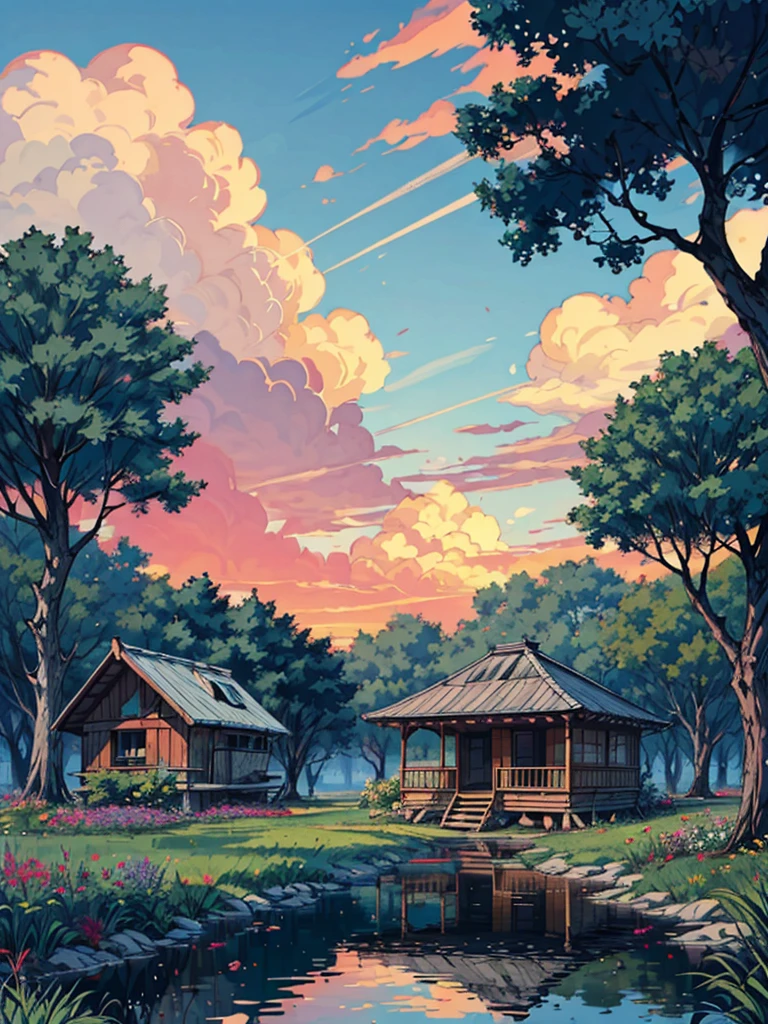 a hut surrounded by trees, line art, pretty sky, cart, shadow, shade, ghibli style, flowers, stone, lake, reflection, no humans, scenery, outdoors, sky, cloud, building, sign, house, window, plant, cloudy sky, bush, sunset, masterpiece, high resolution 