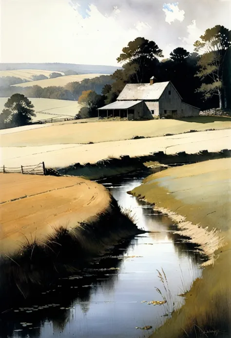 andrew wyeth style - art by andrew wyeth - a serene scene depicting a rural farm morning, with a muted color palette and dry bru...