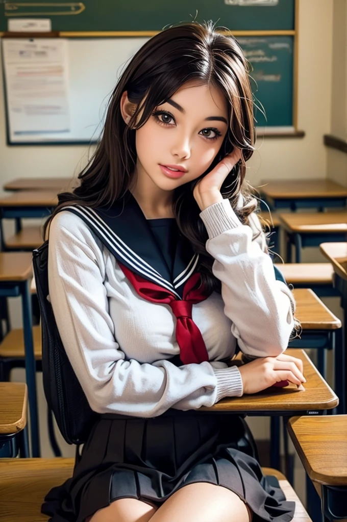 ((masterpiece, best quality)),best aesthetic,1girl, , desk, sitting, school desk, brown hair, classroom, long hair, indoors, chair, looking at viewer, :p, solo focus, brown eyes, skirt, long sleeves, pencil, 1 boy, pencil case, paper, black serafuku, multiple girls, pleated skirt, sailor collar, bangs, headrest, school bag, school chair