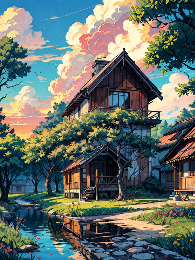 uma cabana cercada por árvores, arte de linha, pretty céu, cart, sombra, sombra, Estilo Ghibli, Flores, pedra, lago, reflexão, sem humanos, cenário, ao ar livre, céu, Nuvem, prédio, Sinal, casa, janela, plantar, Nuvemy céu, arbusto, pôr do sol, obra de arte, Alta resolução 