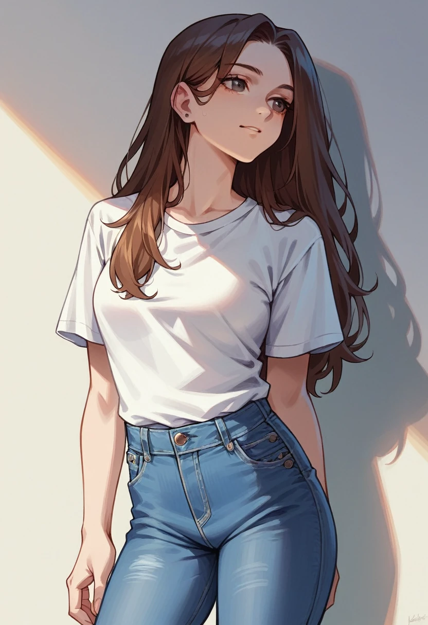 長い茶色の髪の女の子1人, 同じ色の目をしていて、白いTシャツと青いジーンズを履いています