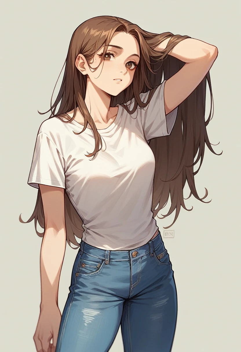 長い茶色の髪の女の子1人, 同じ色の目をしていて、白いTシャツと青いジーンズを履いています