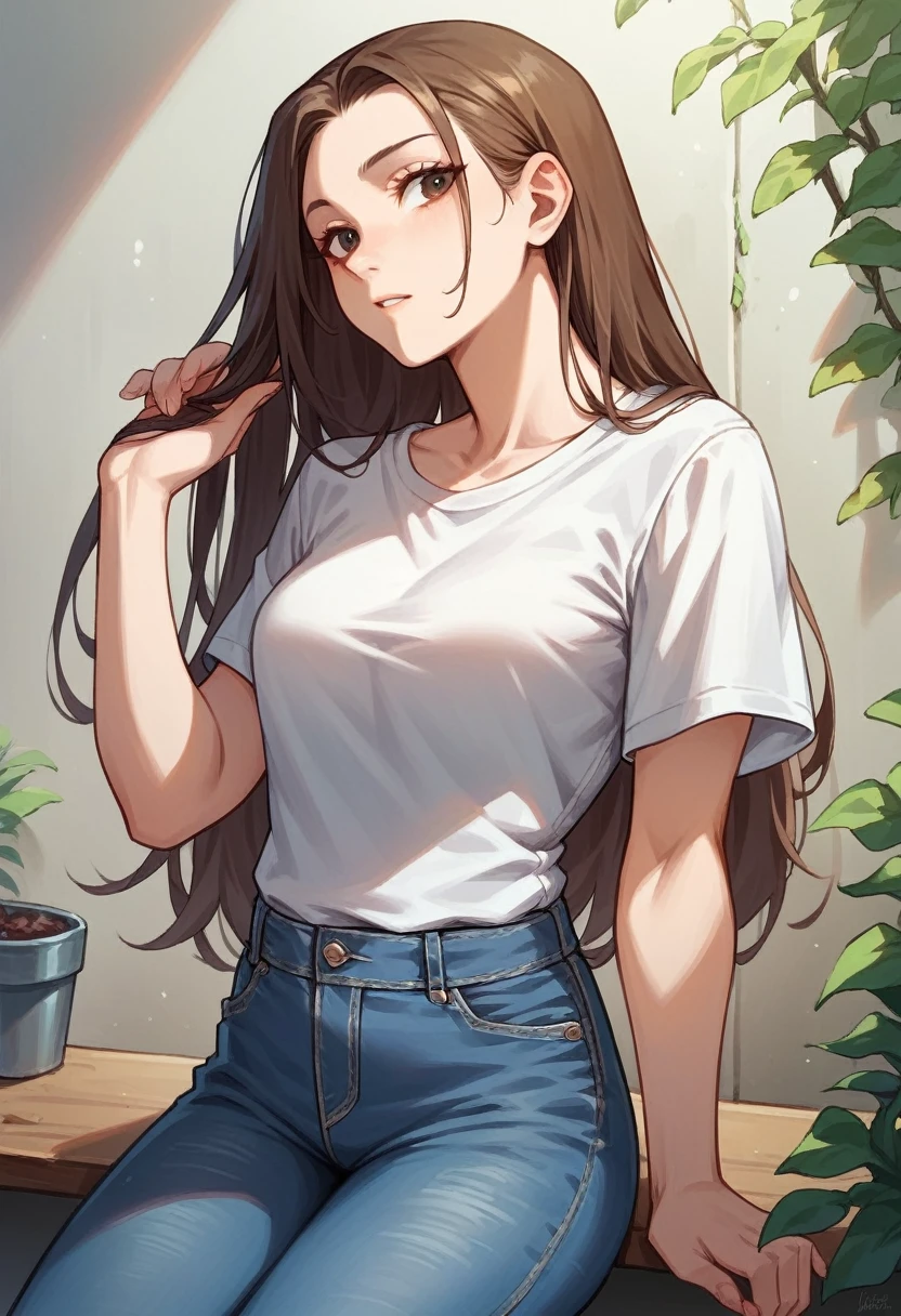 長い茶色の髪の女の子1人, 同じ色の目をしていて、白いTシャツと青いジーンズを履いています