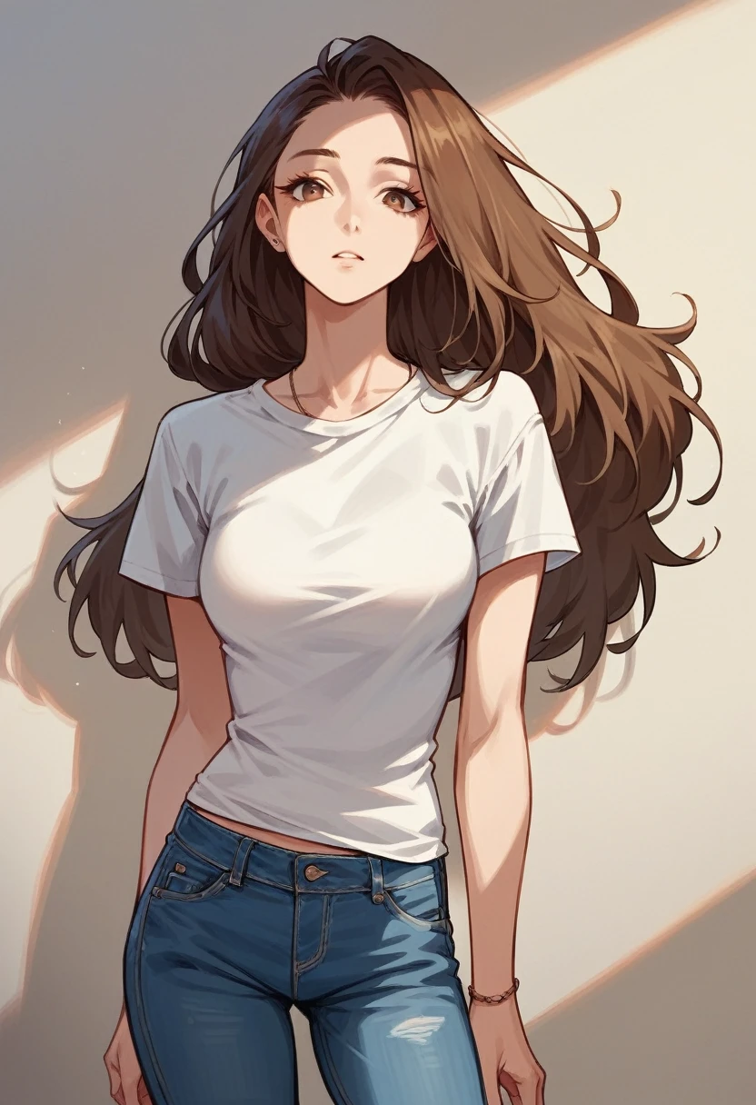 長い茶色の髪の女の子1人, 同じ色の目をしていて、白いTシャツと青いジーンズを履いています