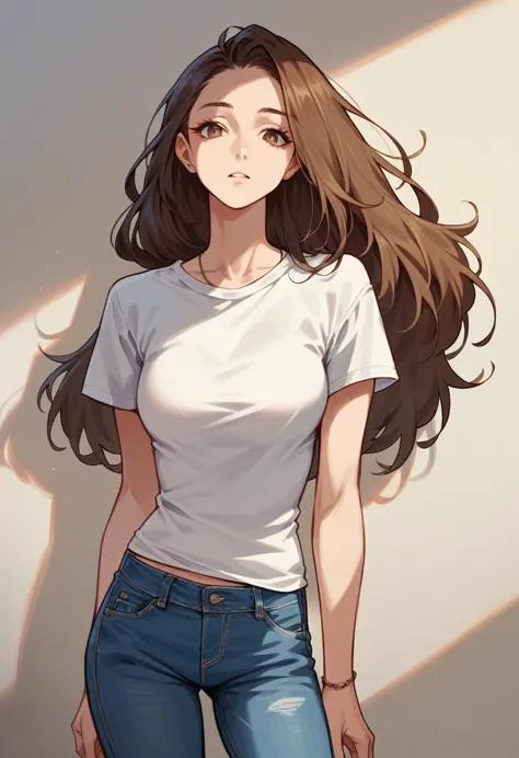 1 girl with long brown hair, eyes of the same color and wears a white t-shirt and blue jeans