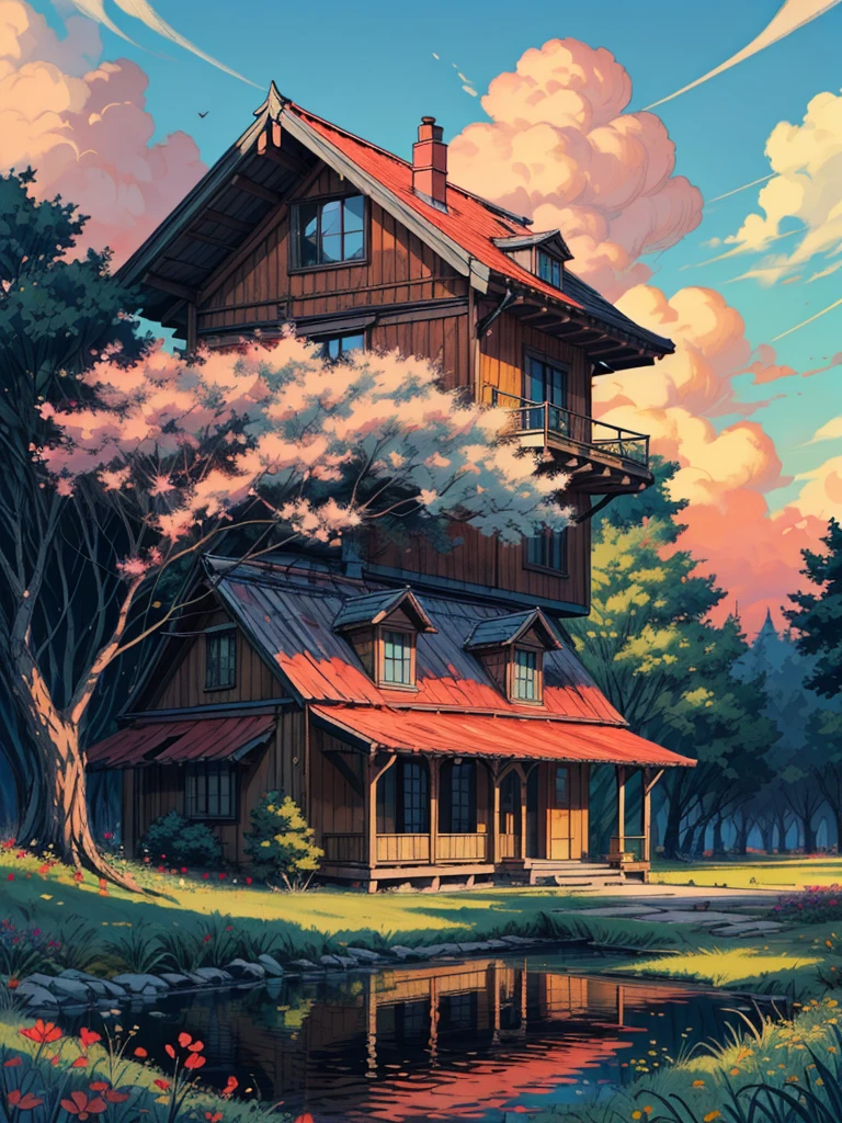 uma cabana cercada por árvores, arte de linha, pretty céu, cart, sombra, sombra, Estilo Ghibli, Flores, pedra, lago, reflexão, sem humanos, cenário, ao ar livre, céu, Nuvem, prédio, Sinal, casa, janela, plantar, Nuvemy céu, arbusto, pôr do sol, obra de arte, Alta resolução 