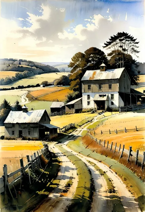 Andrew Wyeth Style - Art by Andrew Wyeth - A serene scene depicting a rural farm morning, with a muted color palette and dry bru...