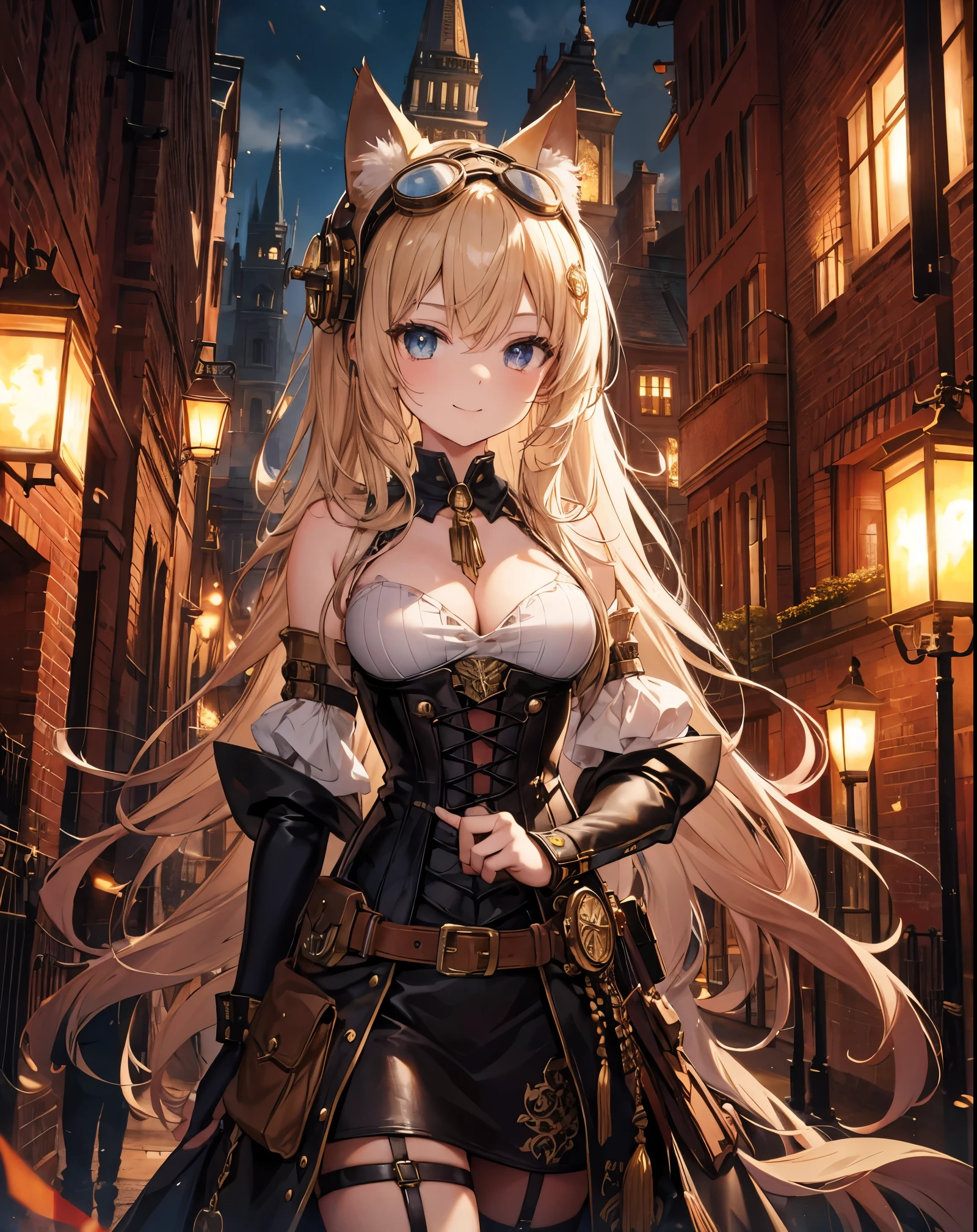 Masterpiece, A stunning anime girl with cat ears and tail, dressed in elaborate steampunk attire with leather and gear details, stands in a bustling fantasy steampunk city. She wears aviator goggles on her head, a loose corset with intricate designs, bare shoulders, and carries a mechanical weapon. The city background is filled with brick buildings, metal pipes, airships, and intricate machinery. The atmosphere is a mix of warm sepia tones and glowing lights from gas lamps, with a slight mist in the air. Her vibrant eyes and confident smile captivate the viewer. The scene exudes a blend of technology and magic, creating a unique and enchanting steampunk fantasy world