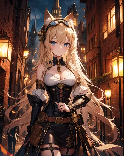 masterpiece, a stunning anime girl with cat ears and tail, dressed in elaborate steampunk attire with leather and gear details, ...