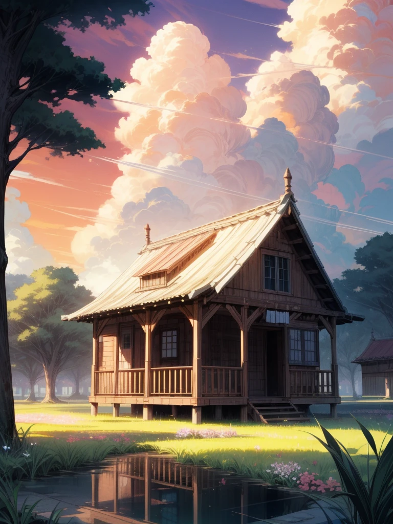 a hut surrounded by trees, line art, pretty sky, cart, shadow, shade, ghibli style, flowers, stone, lake, reflection, no humans, scenery, outdoors, sky, cloud, building, sign, house, window, plant, cloudy sky, bush, sunset, masterpiece, high resolution 