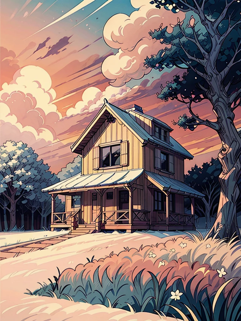 eine Hütte umgeben von Bäumen, line art, pretty Himmel, Wagen, Schatten, shade, Ghibli-Stil, Blumen, Stein, See, Betrachtung, keine Menschen, Landschaft, draußen, Himmel, Wolke, Gebäude, Zeichen, Haus, Fenster, Anlage, Wolkey Himmel, Busch, Sonnenuntergang, Meisterwerk, Hohe Auflösung 