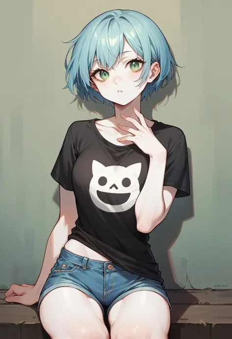 1 short hair girl, green eyes, white skin and wears a black t-shirt and light blue short jeans