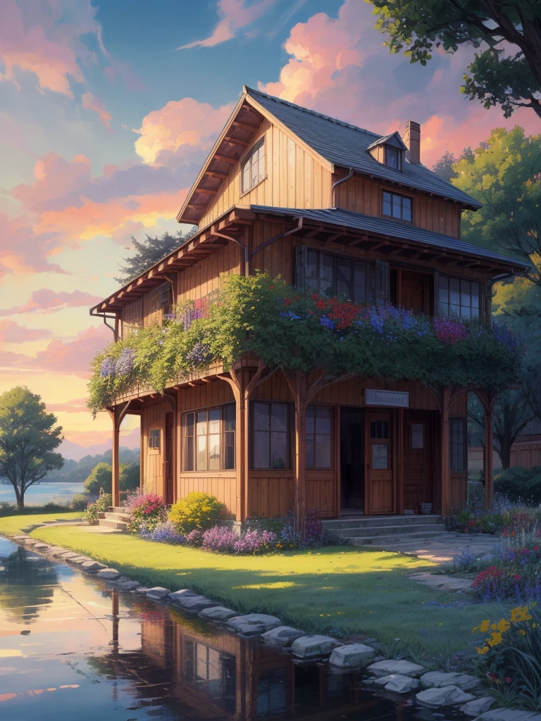 eine Hütte umgeben von Bäumen, line art, pretty Himmel, Wagen, Schatten, shade, Ghibli-Stil, Blumen, Stein, See, Betrachtung, keine Menschen, Landschaft, draußen, Himmel, Wolke, Gebäude, Zeichen, Haus, Fenster, Anlage, Wolkey Himmel, Busch, Sonnenuntergang, Meisterwerk, Hohe Auflösung 