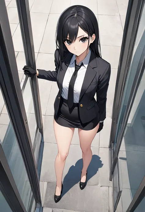 black miniskirt , black shoes , pencil skirt , whole body , thighs , black hair , black eyes , straight hair ,black shorts blaze...