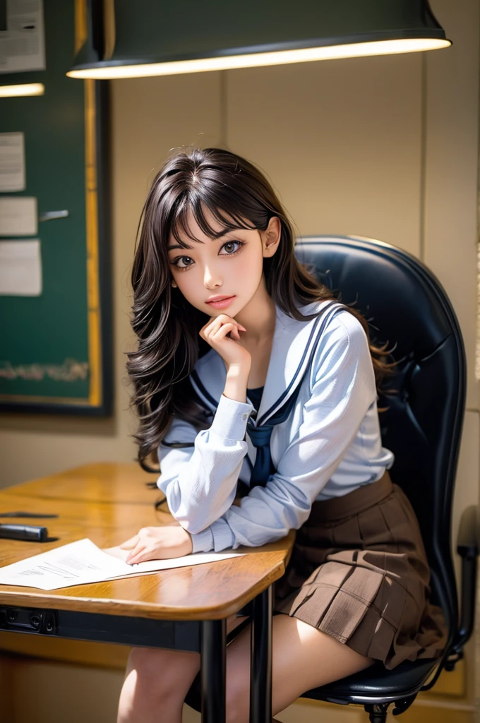 ((masterpiece, best quality)),best aesthetic,1girl, , desk, sitting, school desk, brown hair, classroom, long hair, indoors, chair, looking at viewer, :p, solo focus, brown eyes, skirt, long sleeves, pencil, 1 boy, pencil case, paper, black serafuku, multiple girls, pleated skirt, sailor collar, bangs, headrest, school bag, school chair