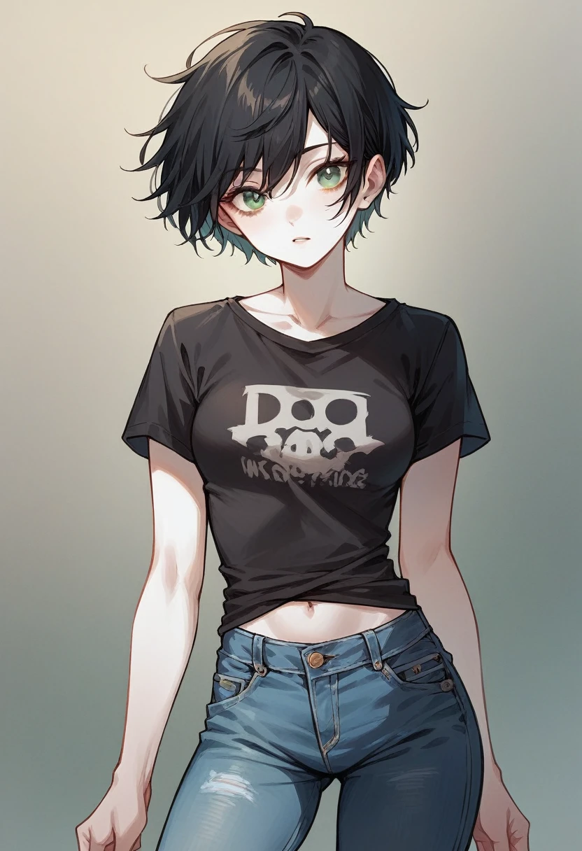 短い黒髪の女の子1人, 緑の目, 肌は白く、黒のTシャツとライトブルーのショートジーンズを着ている