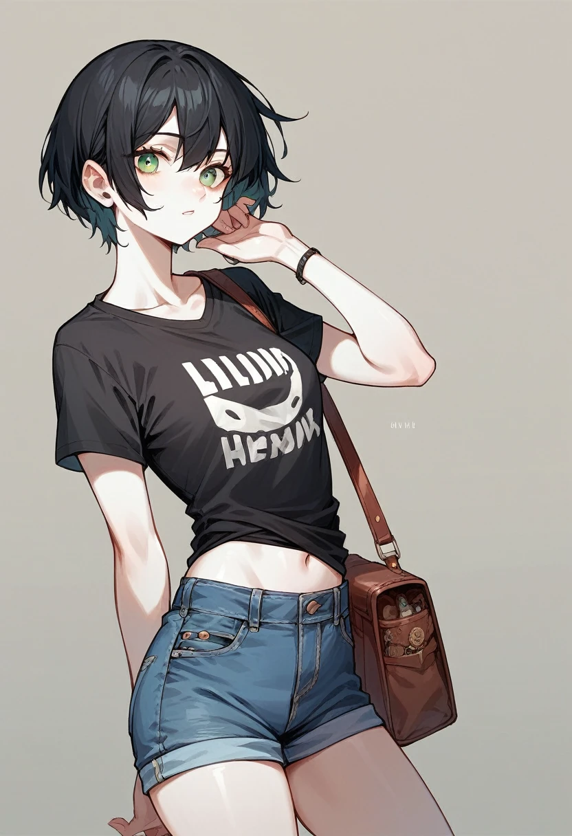 短い黒髪の女の子1人, 緑の目, 肌は白く、黒のTシャツとライトブルーのショートジーンズを着ている