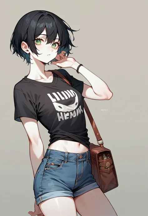 1 girl with short black hair, green eyes, white skin and wears a black t-shirt and light blue short jeans