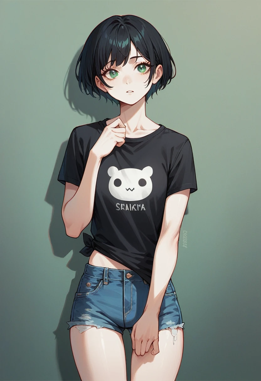 短い黒髪の女の子1人, 緑の目, 肌は白く、黒のTシャツとライトブルーのショートジーンズを着ている