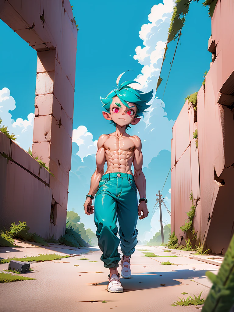 full body view of creature, humanoid, teal fur, gigantic round auricle, pink eyes, anorexic, wearing pants, shirtless, antenna on jaw, walking, in sunny abandoned city