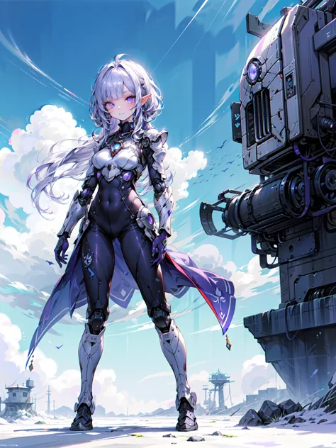 Cute adult girl standing ,Girl Focus, [full body 鎧], Organic Armor Cyborg、Machinery Armor、((blue sky、Cloud Background)),  poker ...