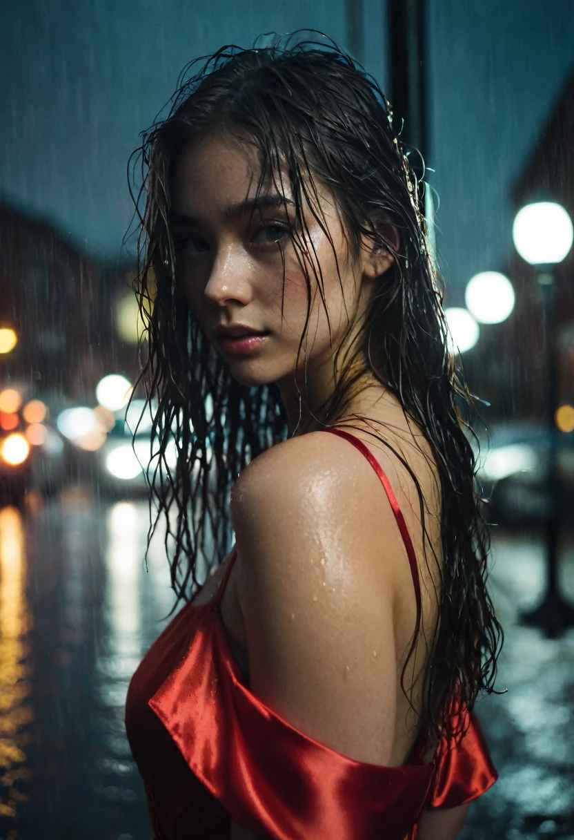 1girl,solo,long hair,Rough skin,from back,face focus,(looking at viewer:1.2),wet hair,dark,polaroid,(depth_of_field:1.5),rainy days,outdoors,street,hair between eyes,moody lighting,Tyndall effect,Cinematic Lighting,night,lamppost,lens flare,available light,rim light,glowing neon lights,curvy,Red silk dress,