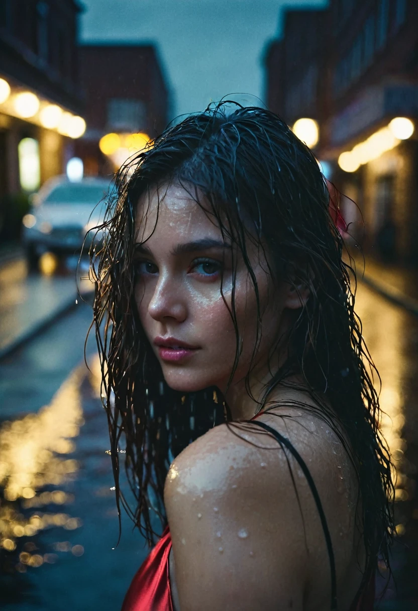 1girl,solo,long hair,Rough skin,from back,face focus,(looking at viewer:1.2),wet hair,dark,polaroid,(depth_of_field:1.5),rainy days,outdoors,street,hair between eyes,moody lighting,Tyndall effect,Cinematic Lighting,night,lamppost,lens flare,available light,rim light,glowing neon lights,curvy,Red silk dress,