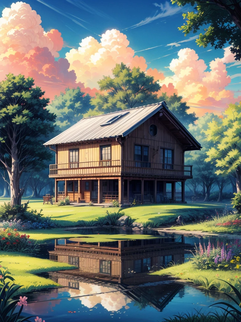 eine Hütte umgeben von Bäumen, line art, pretty Himmel, Wagen, Schatten, shade, Ghibli-Stil, Blumen, Stein, See, Betrachtung, keine Menschen, Landschaft, draußen, Himmel, Wolke, Gebäude, Zeichen, Haus, Fenster, Anlage, Wolkey Himmel, Busch, Sonnenuntergang, Meisterwerk, Hohe Auflösung 