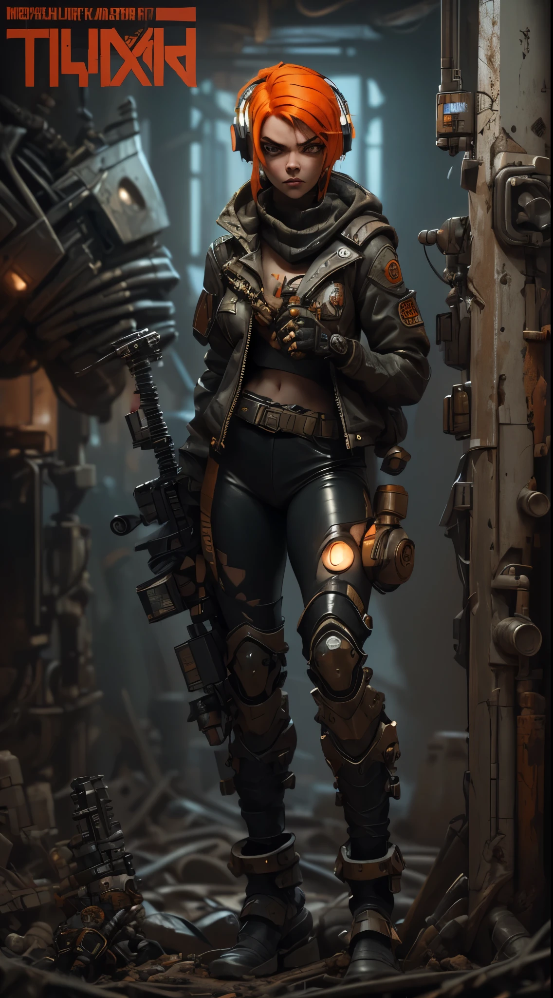 (((mujer))), (((mejor calidad))), (((obra prima))), (((adulto))), Una chica calavera muy detallada y realista.,( Anya. alegría) cyberpunk character, mad max furiosa, robot de una mano, brazo cyborg, pelo naranja, tema dramático metal heavy rock, mejor calidad, 8K, Híper realista, Fotorrealista, pintura extremadamente detallada, iluminación de estudio, colores vívidos, dark moody atmosphere, cinematográfico, pose dramática, Detalles mecánicos intrincados, Efectos de energía resplandeciente, texturas arenosas intensas, integración perfecta de elementos orgánicos e inorgánicos. Usando la ropa usada de un habitante del páramo.. fondo: Un páramo apocalíptico. Polvoriento y deprimente.
