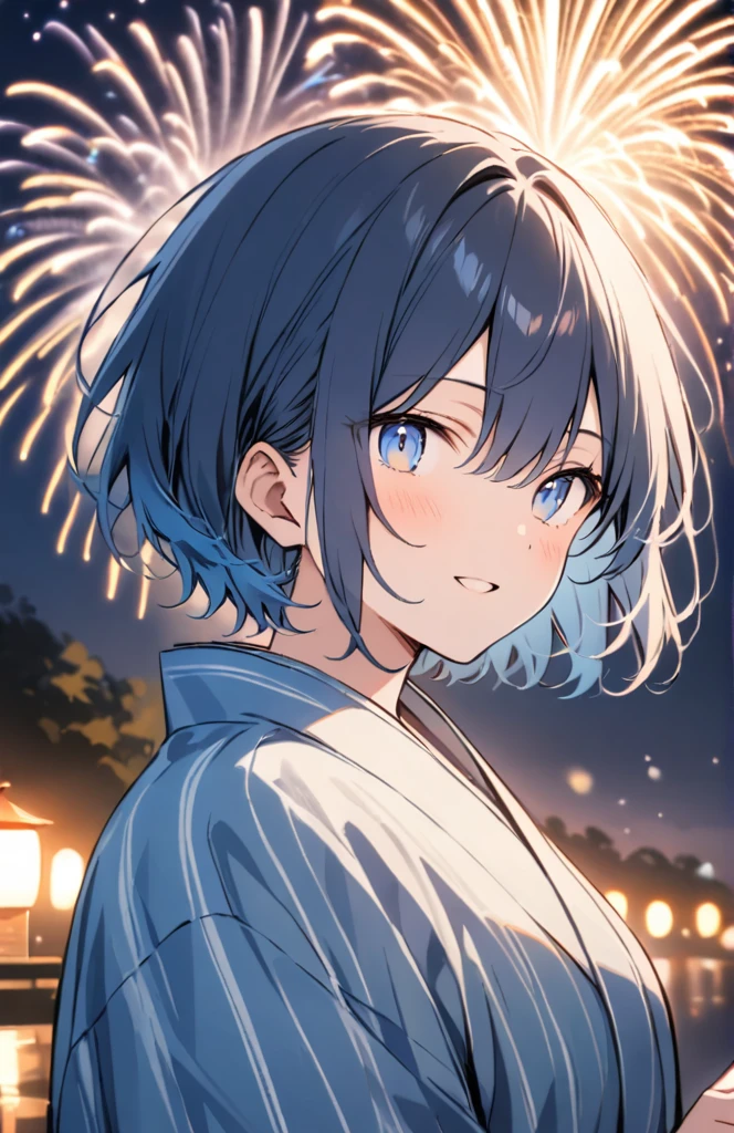 Blue hair, blue eyes, short hair, fireworks, yukata, boy