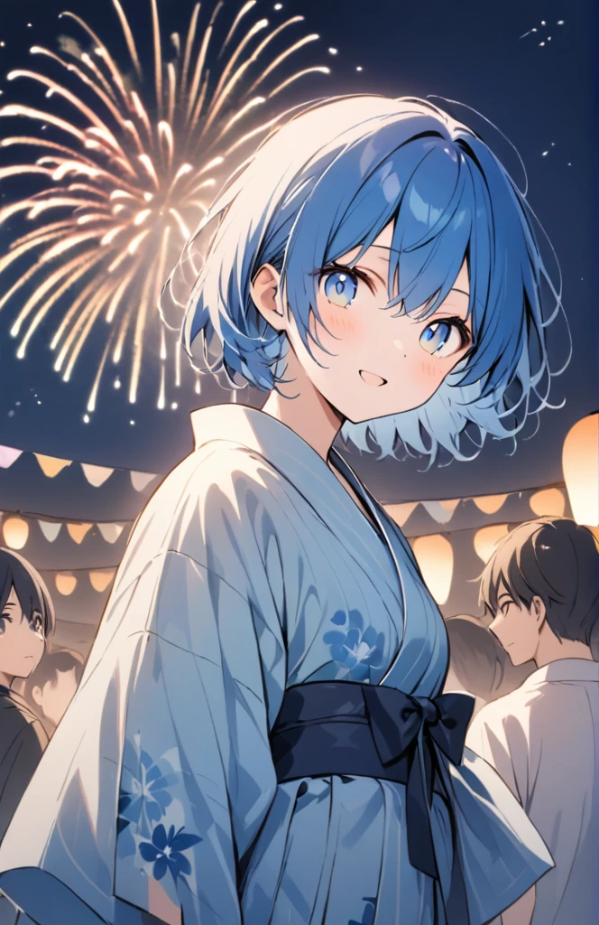 Blue hair, blue eyes, short hair, fireworks, yukata, boy