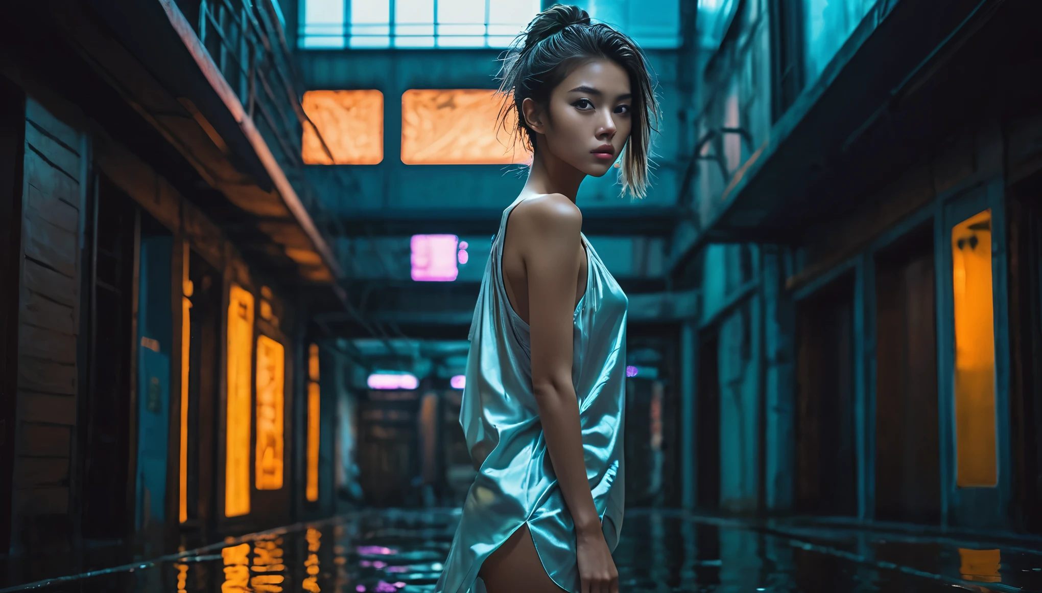 Top Quality, Masterpiece, High Resolution, 8k, (((cute skinny barely legal girl in oversized silk nighty and wetlook leggings, bare belly, wide neckline, deep neckline, small perky breasts, beautiful detailed eyes, beautiful detailed lips, small closed mouth, extremely detailed face, long ponytail hair, small hips))), cyberpunk apartment, moody atmosphere, dramatic and random neon colors, futuristic setting, intricate details, at night, backlit, full body shot, view from distance 