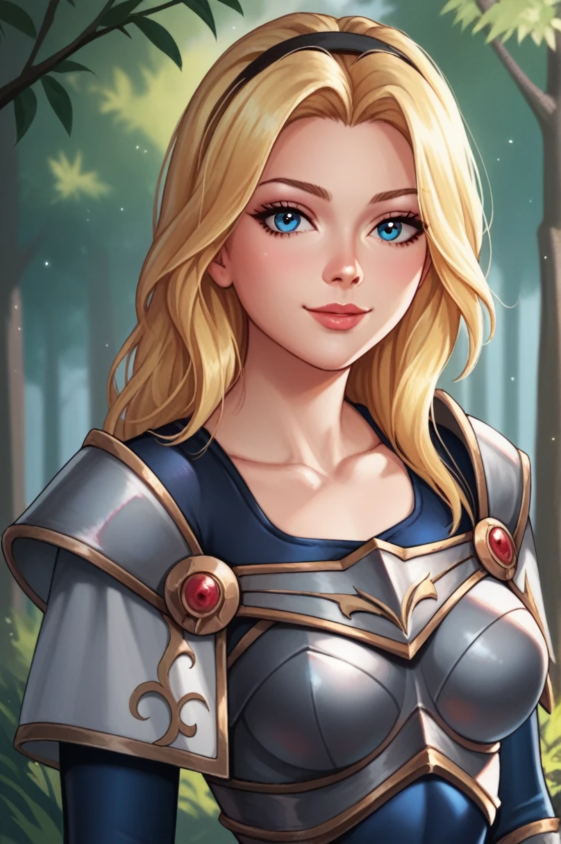 score_9, score_8_up, score_7_up, score_6_up, score_5_up, score_4_up, LuxLoLXL, blue eyes, blonde hair, long hair, black hairband, medium breasts, collarbone, shoulder armor, armor, blue bodysuit, breastplate, long sleeves, (portrait, upper body), seductive smile, looking at viewer, forest, tree 